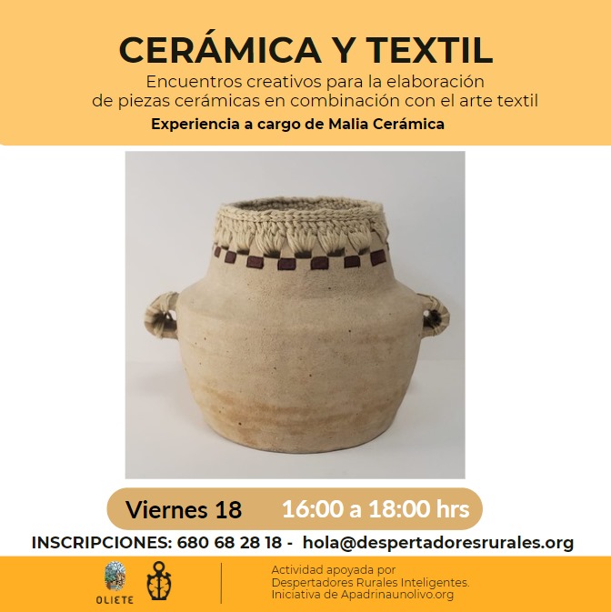 Continúan los encuentros creativos para la elaboración de piezas de cerámica y textil a cargo de Malia Cerámica. Te esperamos este viernes 18 de octubre de 16:00 a 18:00 hrs. En Centro Despertadores Rurales de Oliete. 2 Talleres mensuales de octubre a mayo por 20 euros al mes. Inscripciones en 680 68 28 18 y hola@despertadoresrurales.org