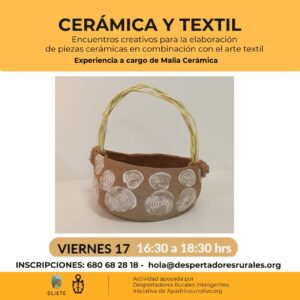 El primer encuentro creativo 2025 para la elaboración de piezas de cerámica y textil a cargo de Malia Cerámica. Te esperamos este viernes 17 de enero de 16:30 a 18:30 hrs. En Centro Despertadores Rurales de Oliete. Inscripciones en 680 68 28 18 y hola@despertadoresrurales.org